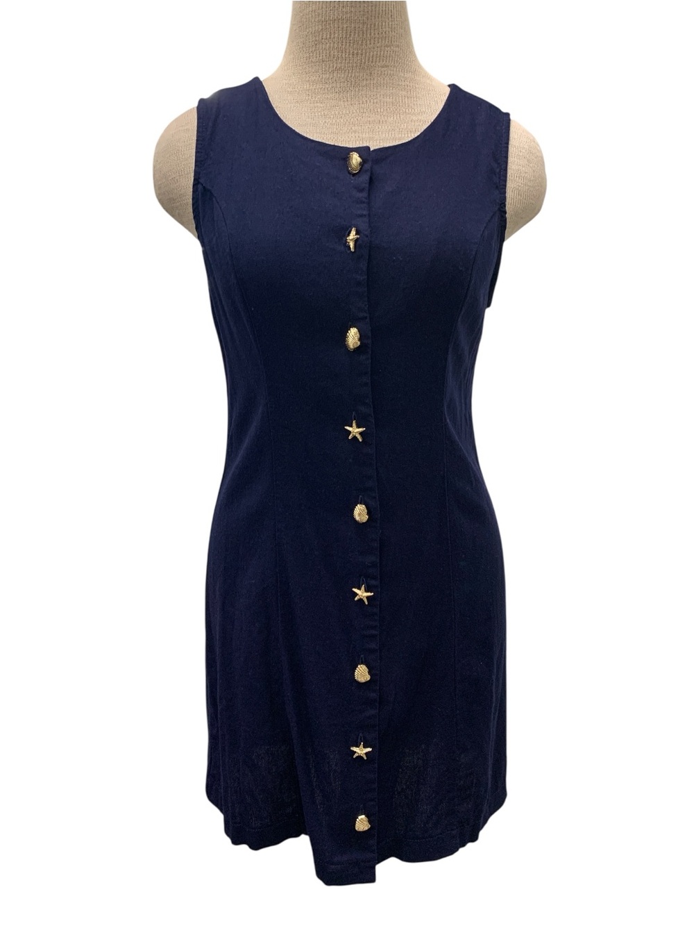 Monteau Tunic Navy Sleeveless Shift with Gold Accent Buttons Size M